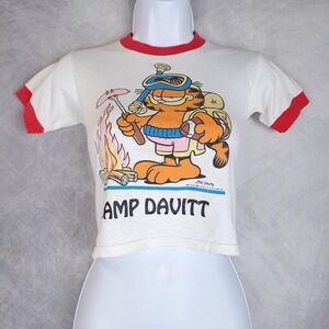 Vintage Garfield Shirt Youth Small White Camp Davitt Ringer Baby Tee 80s